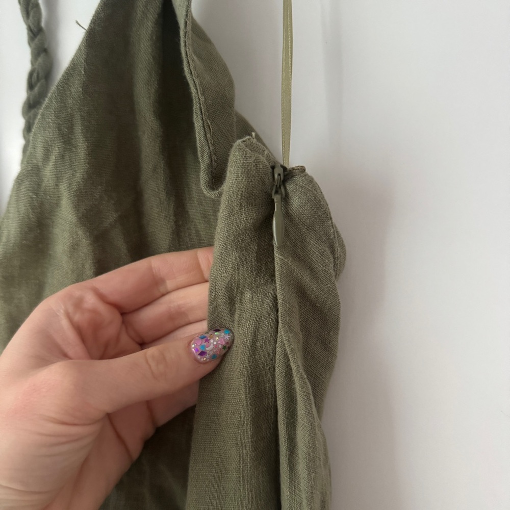 NWT | ZARA 100% LINEN SAGE OLIVE GREEN BRAIDED COVERALL WIDE LEG BOHO JUMPSUIT - Picture 8 of 9